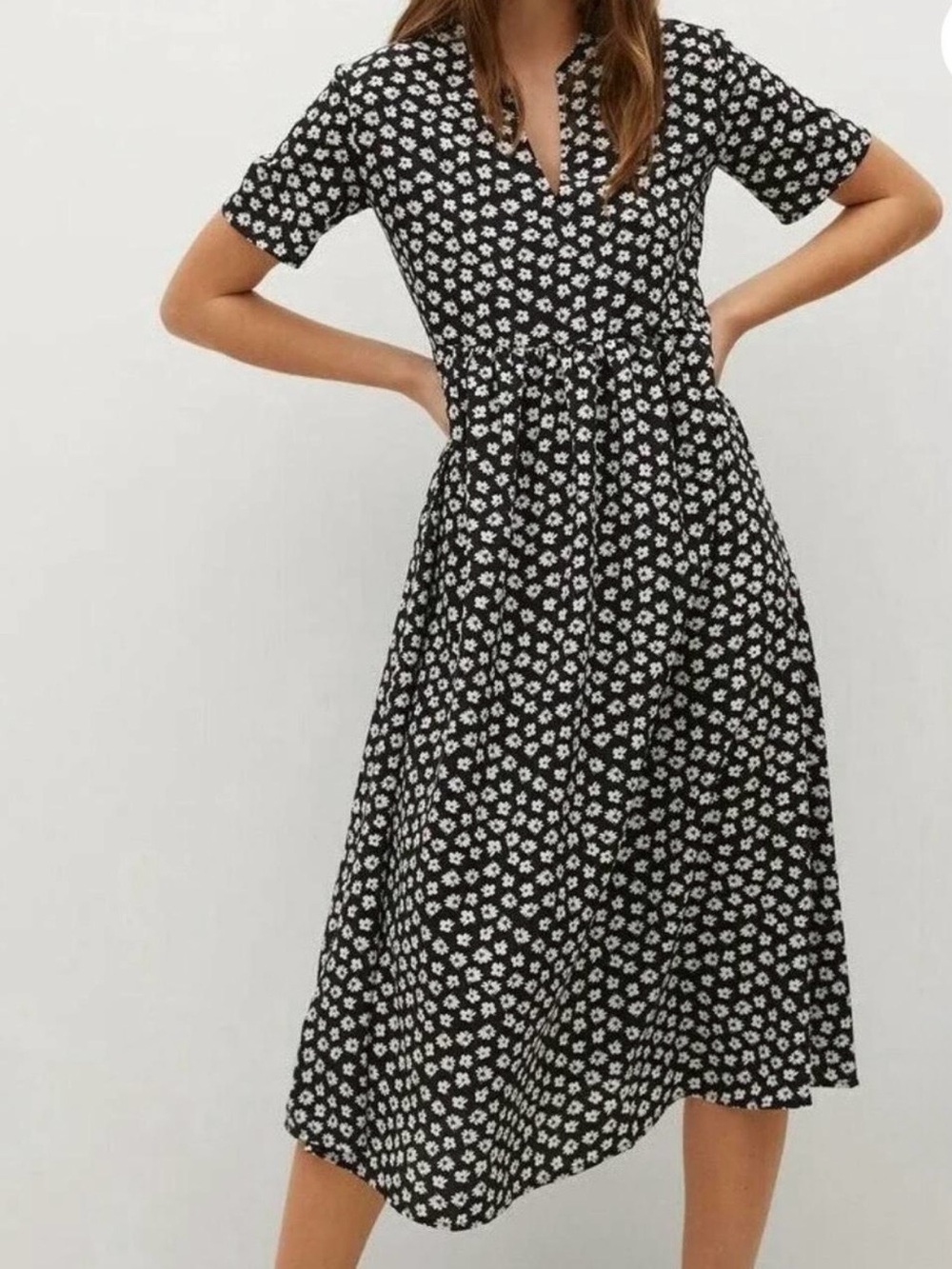 Mango Black & White Floral Midi Dress